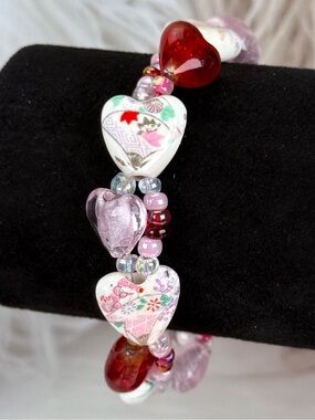 Handcrafted Pink Beaded Heart Silvertone Bracelet